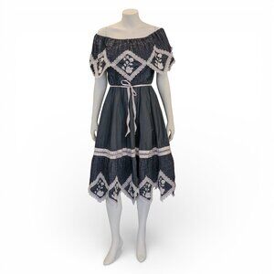 Vintage 1970s Mexican Black Off-Shoulder Handkerchief Hem Dress